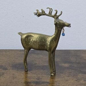 Vintage Indian Brass Deer Stag Figurine 5"‎ Etched Design Mid Century